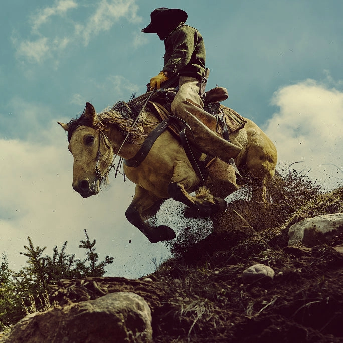 Rider on a bucking horse against a blue sky