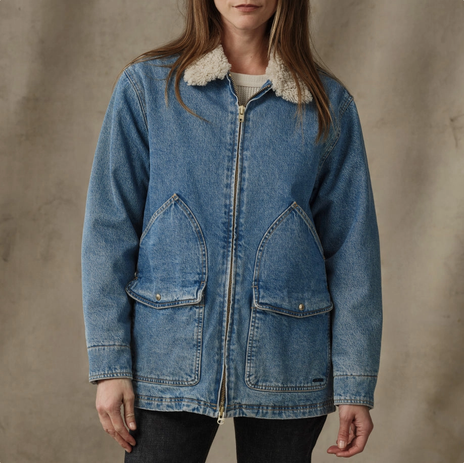 Woman in a denim jacket with a sherpa collar