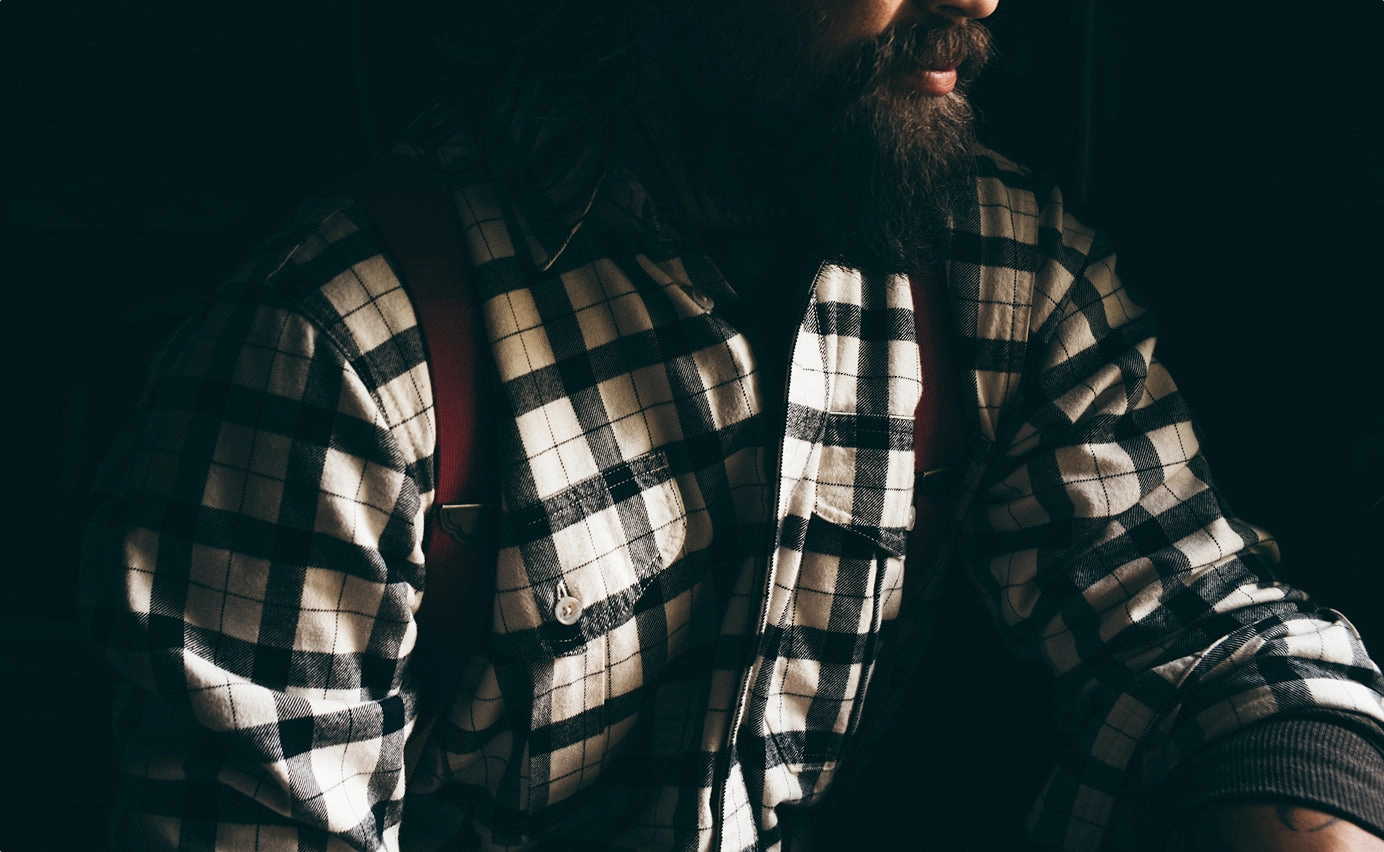Close-up of a black and white buffalo plaid flannel shirt