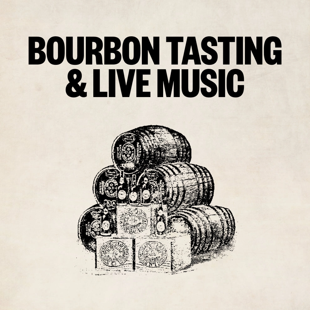 Poster for Bourbon Tasting and Live Music with an illustration of barrels