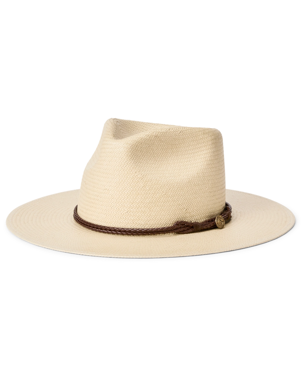 Cream wide-brim hat with a brown leather band