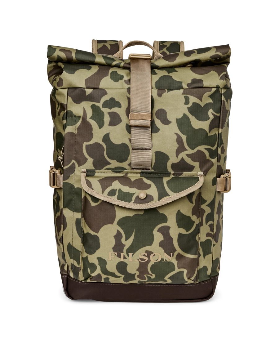 Camouflage roll-top backpack with a brown base