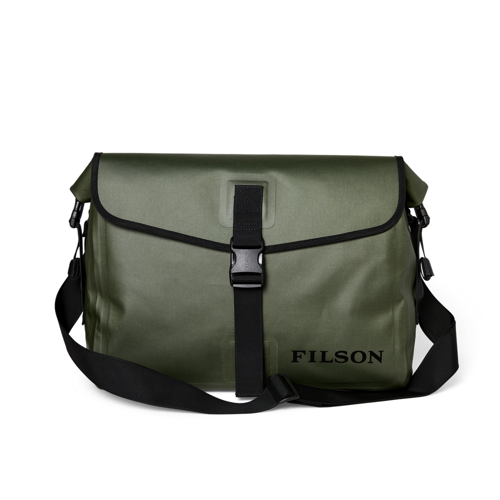 Green waterproof messenger bag with a buckle and shoulder strap